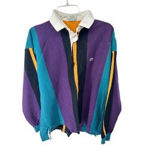 Vintage Lacoste Rugby Shirt Mens Large Vertical Stripe Purple Teal Cotton USA